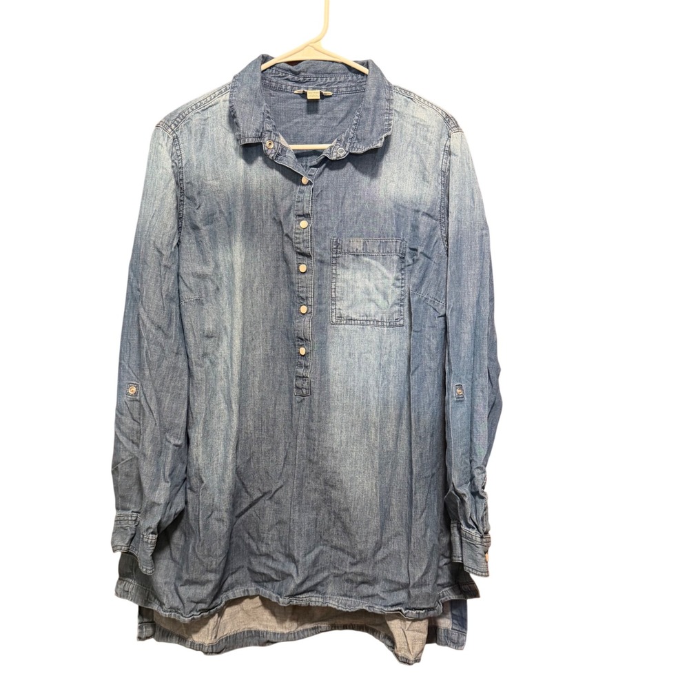 Est. 1946 Womens 18/20W Blue Denim Chambray Roll Tab‎ Sleeve Henley Tunic Shirt